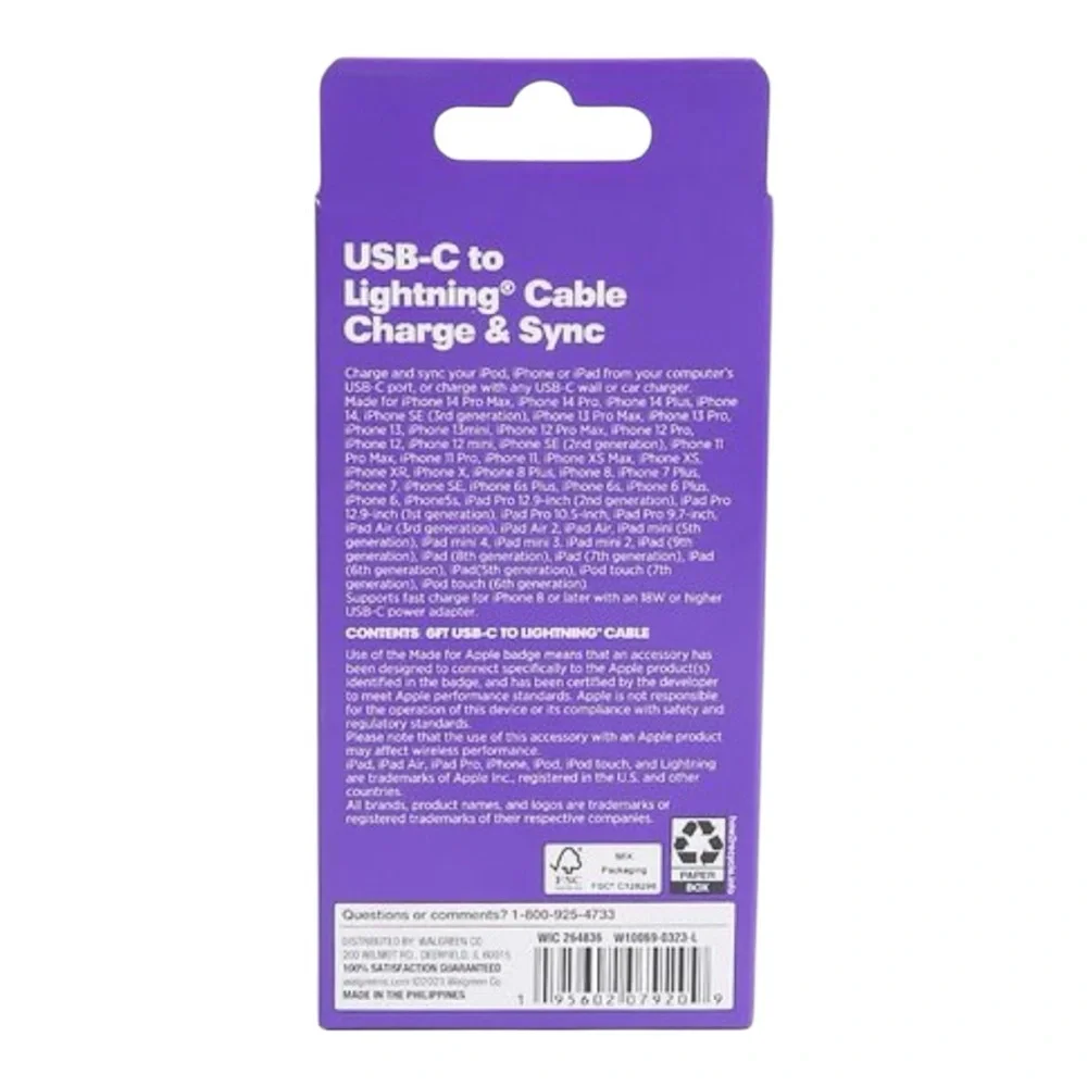 White USB-C to Lightning Cable 6FT